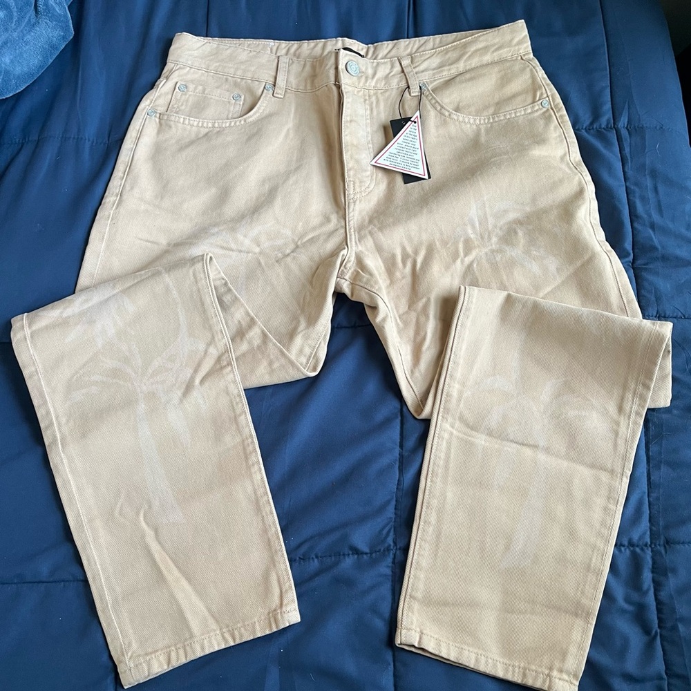Mens Khaki Jeans with Palm Tree Printed Designs